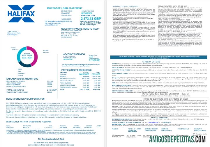 Extrato de empréstimo hipotecário do Halifax Bank do Reino Unido em formatos Word e PDF, 4 páginas 1 2 baixar para verificação